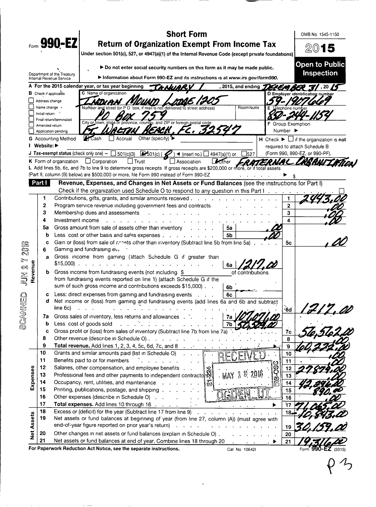 Image of first page of 2015 Form 990EO for Improved Benevolent and Protective Order of Elks of the World - Indian Mound Lodge 1205