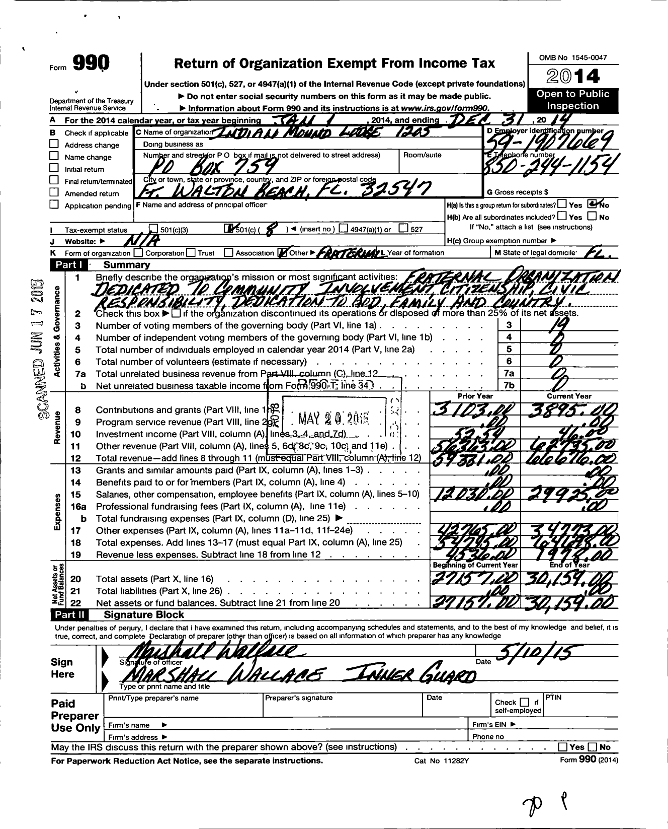 Image of first page of 2014 Form 990O for Improved Benevolent and Protective Order of Elks of the World - Indian Mound Lodge 1205