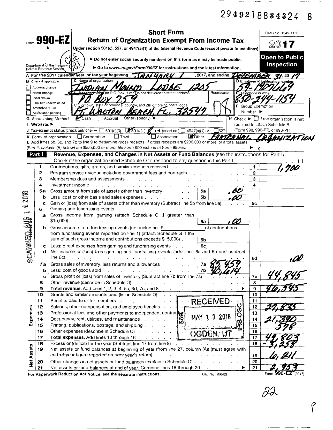 Image of first page of 2017 Form 990EO for Improved Benevolent and Protective Order of Elks of the World - Indian Mound Lodge 1205