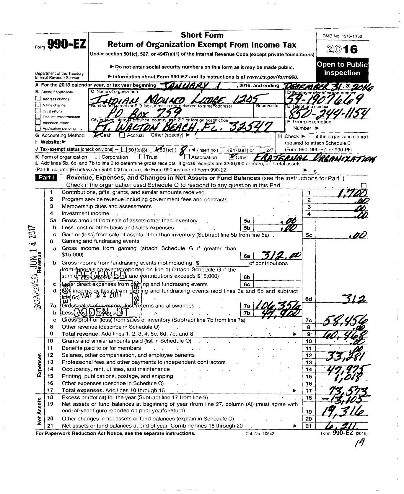 Image of first page of 2016 Form 990EO for Improved Benevolent and Protective Order of Elks of the World - Indian Mound Lodge 1205