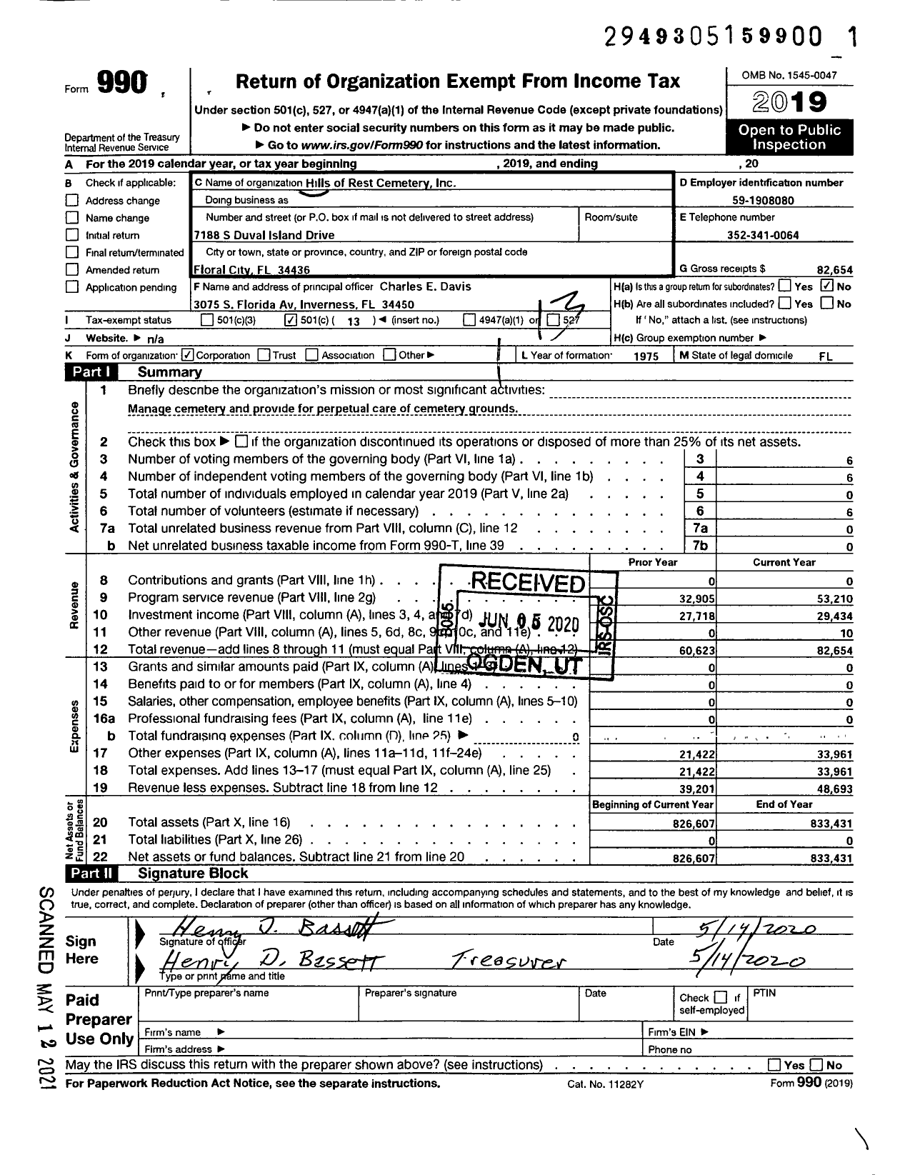 Image of first page of 2019 Form 990O for Hills of Rest Cemetery