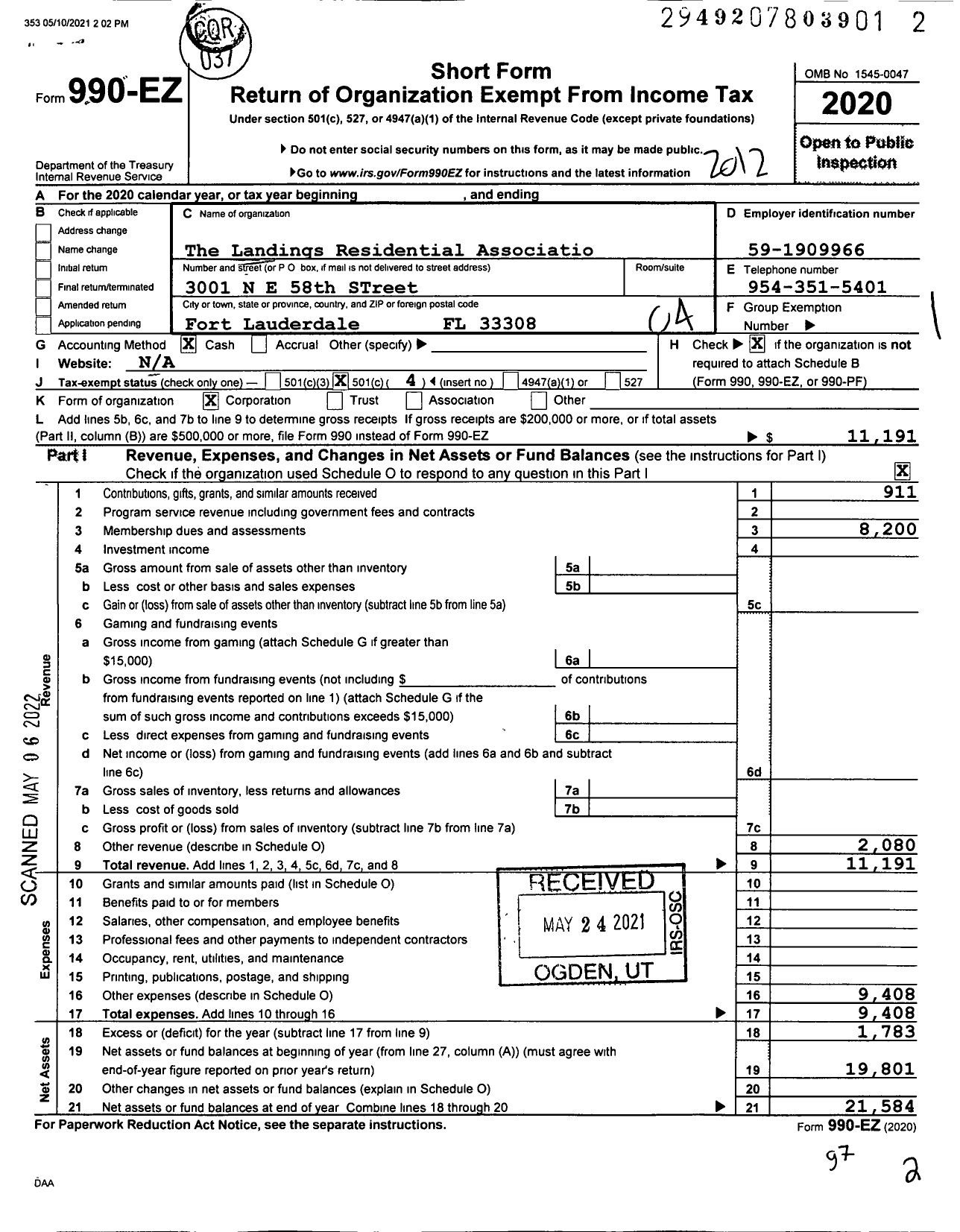 Image of first page of 2020 Form 990EO for The Landings Residential Associatio