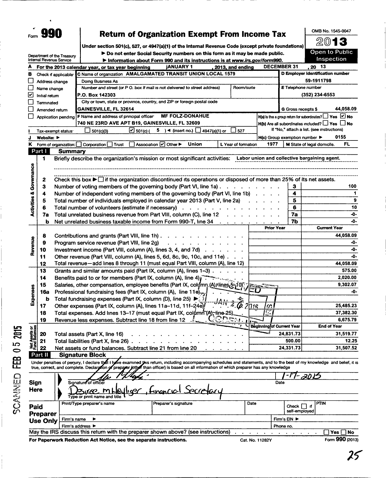 Image of first page of 2013 Form 990O for Amalgamated Transit Union - 1579 Local