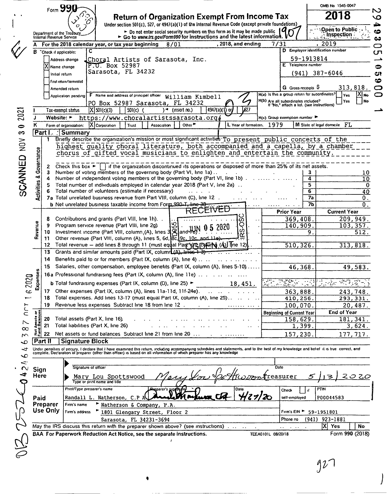 Image of first page of 2018 Form 990 for Choral Artists of Sarasota