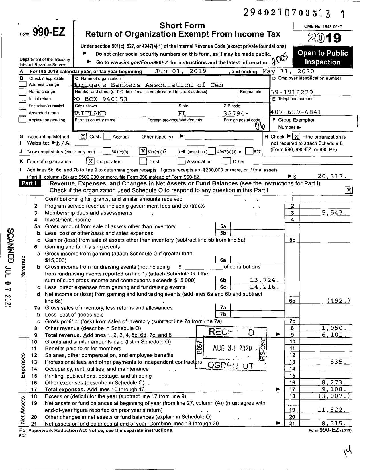 Image of first page of 2019 Form 990EO for Mortgage Bankers Association of Central Florida
