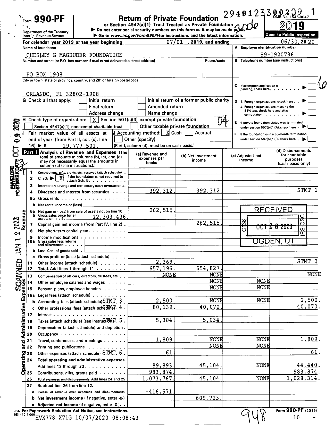 Image of first page of 2019 Form 990PF for Magruder Chesley G Foundation Im