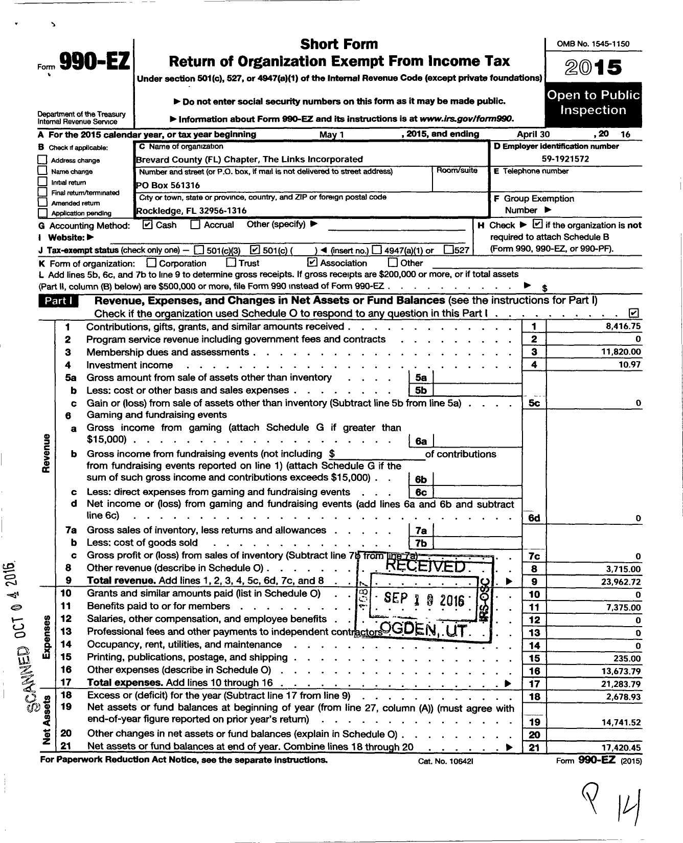 Image of first page of 2015 Form 990EO for LINKS / Brevard County Chapter