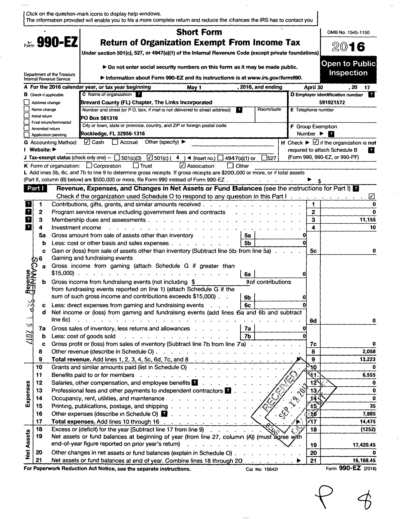 Image of first page of 2016 Form 990EO for LINKS / Brevard County Chapter