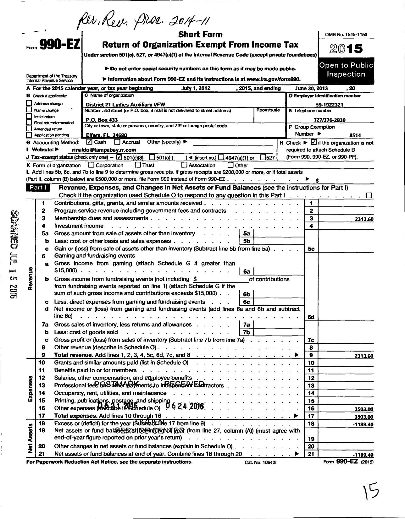 Image of first page of 2012 Form 990EZ for Veterans of Foriegn Wars of the Us Dept of Florida Ladies Auxiliary