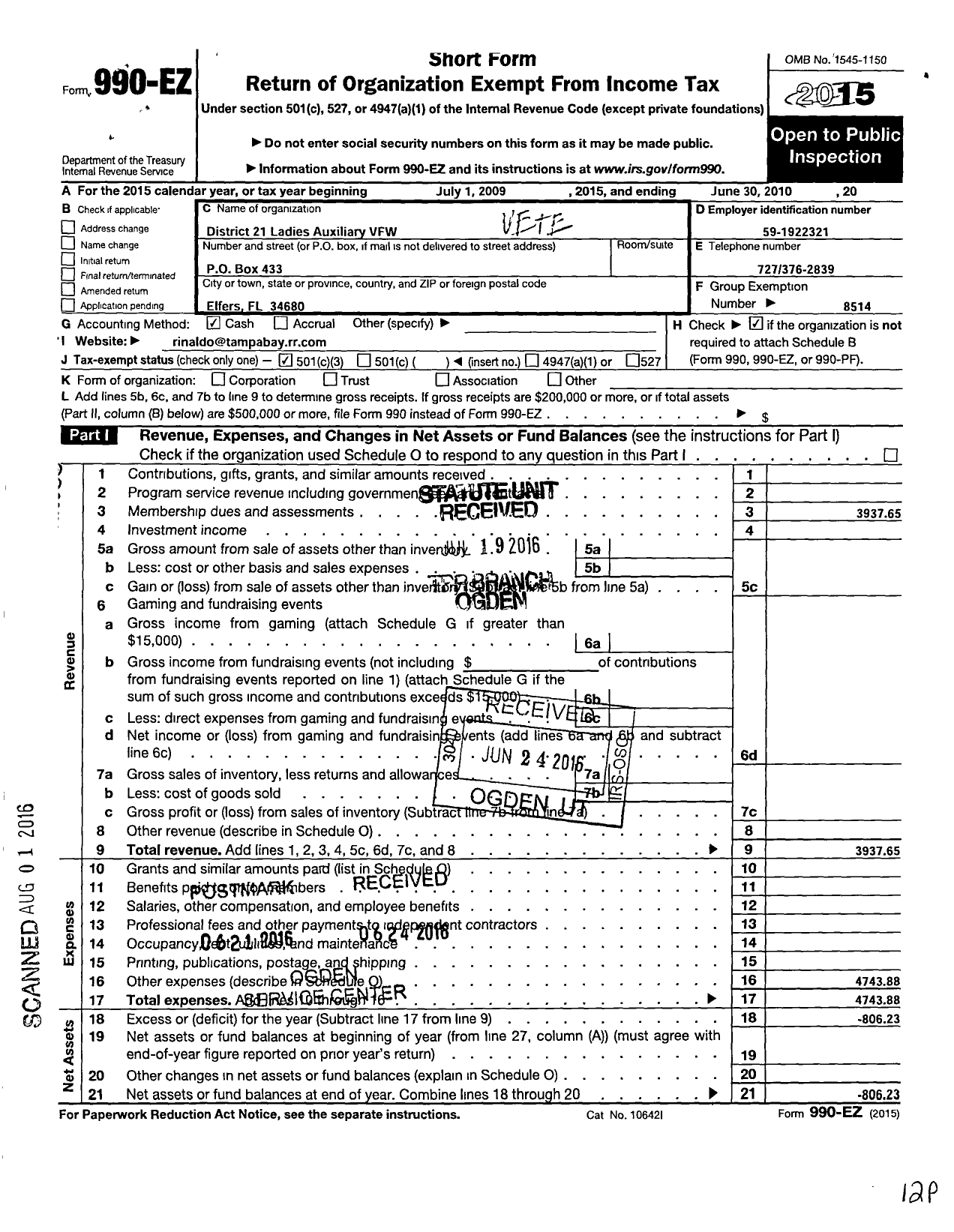 Image of first page of 2009 Form 990EZ for Veterans of Foriegn Wars of the Us Dept of Florida Ladies Auxiliary