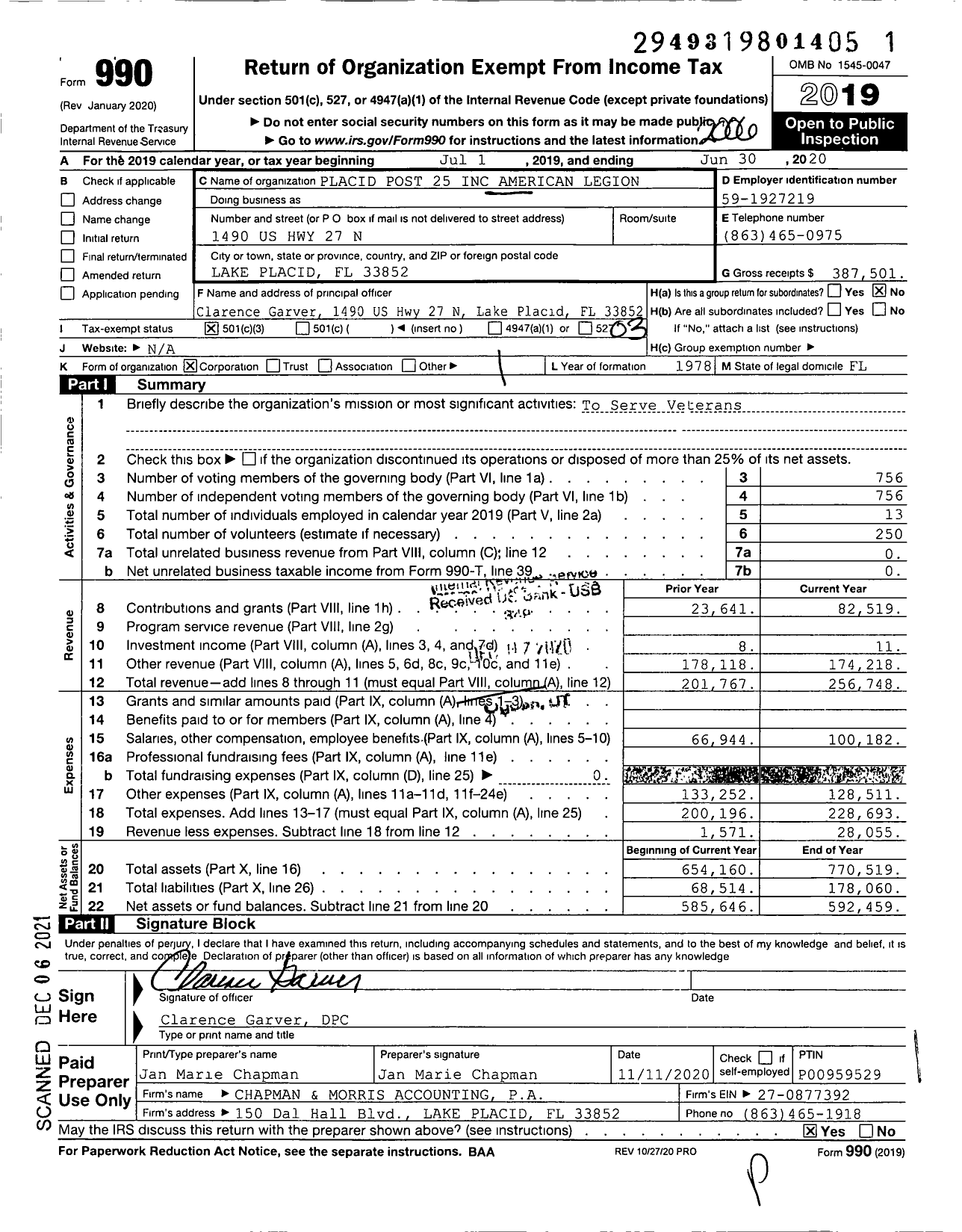 Image of first page of 2019 Form 990 for Placid Post 25 American Legion