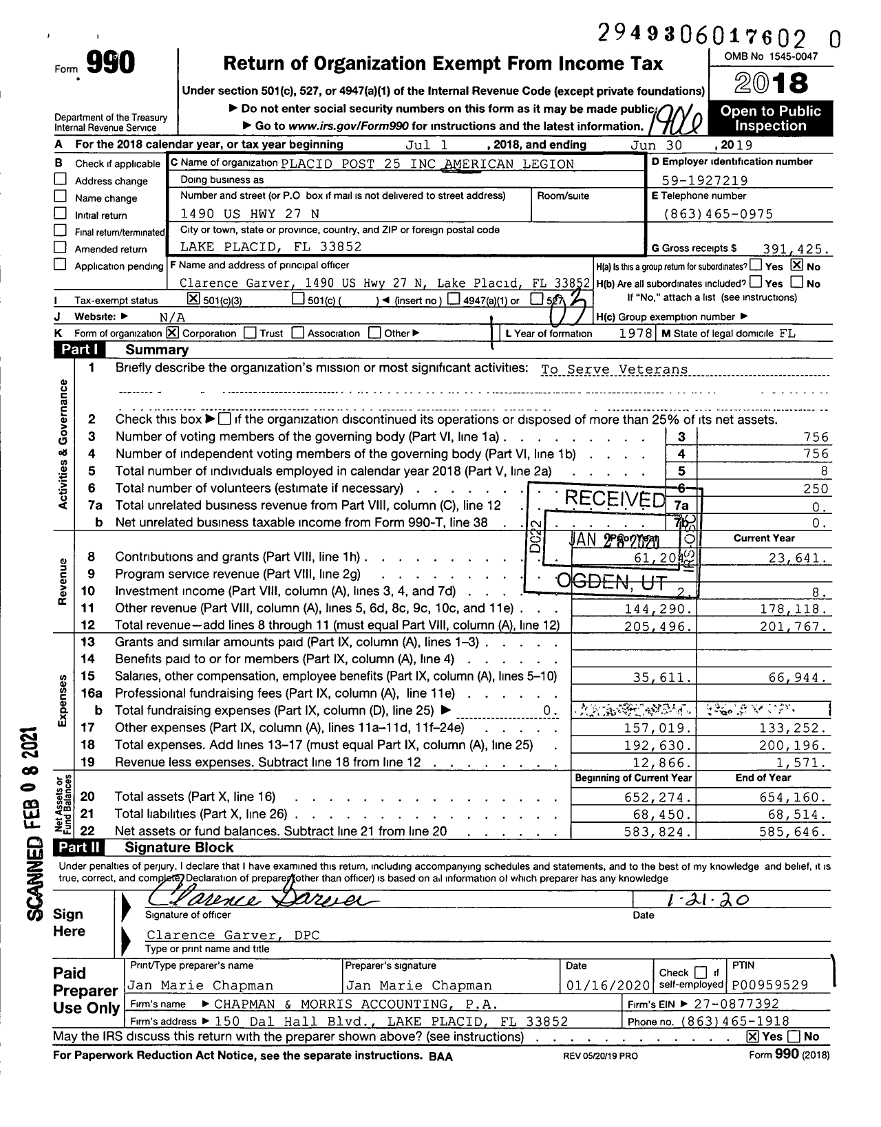 Image of first page of 2018 Form 990 for Placid Post 25 American Legion