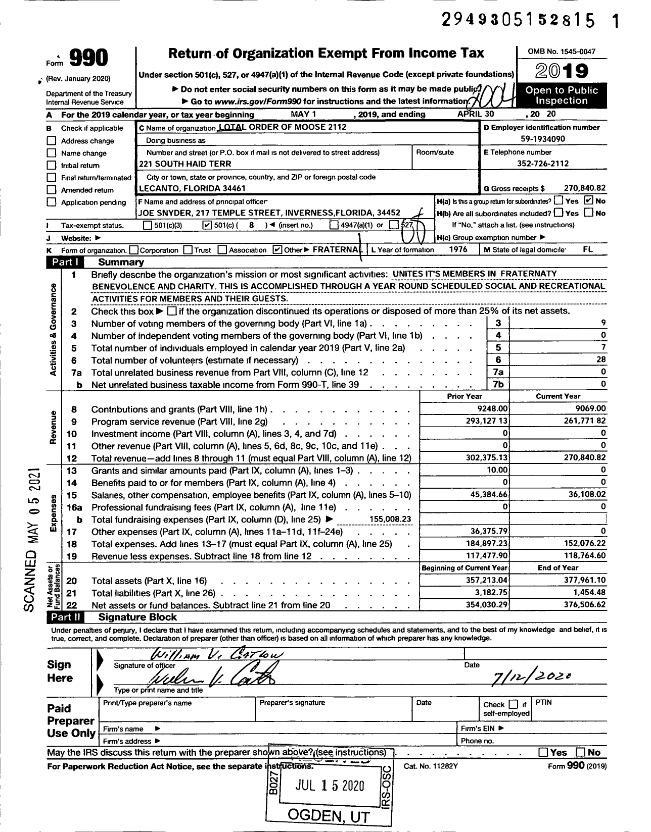 Image of first page of 2019 Form 990O for Loyal Order of Moose - 2112