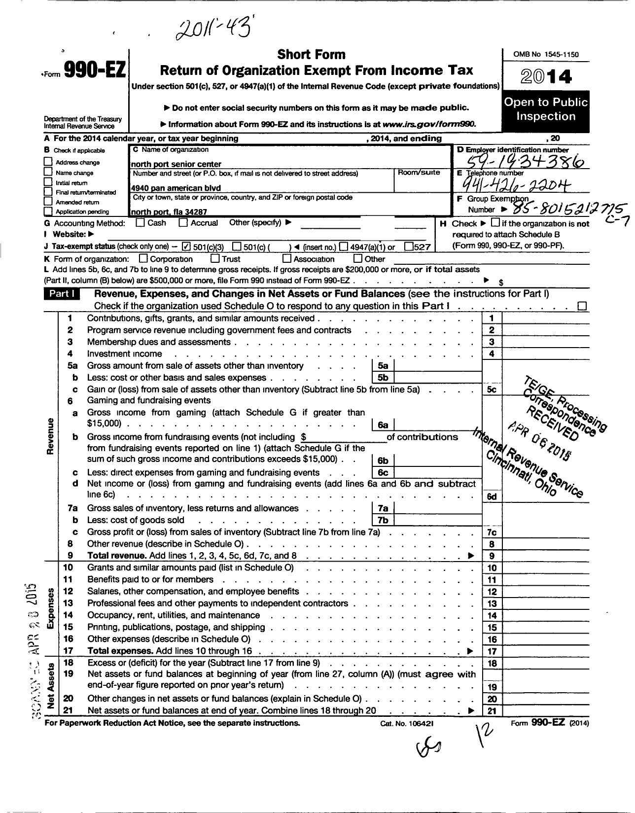 Image of first page of 2014 Form 990EZ for North Port Senior Center