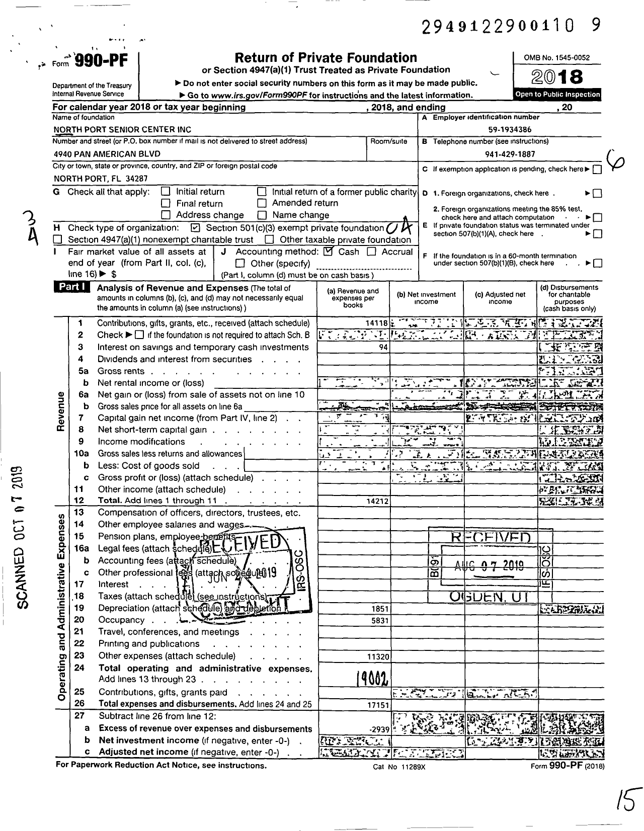 Image of first page of 2018 Form 990PF for North Port Senior Center