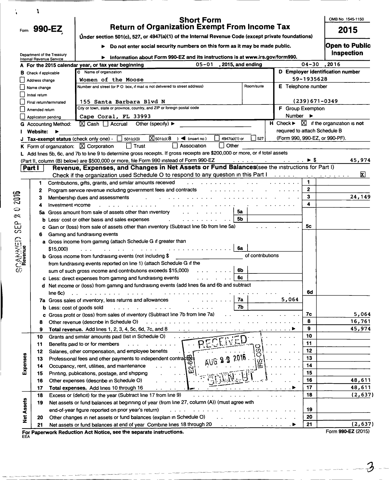 Image of first page of 2015 Form 990EO for Cape Coral Chapter 815 Women of the Moose