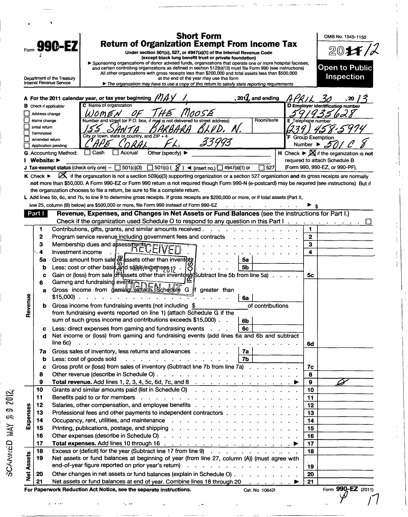 Image of first page of 2012 Form 990EO for Cape Coral Chapter 815 Women of the Moose