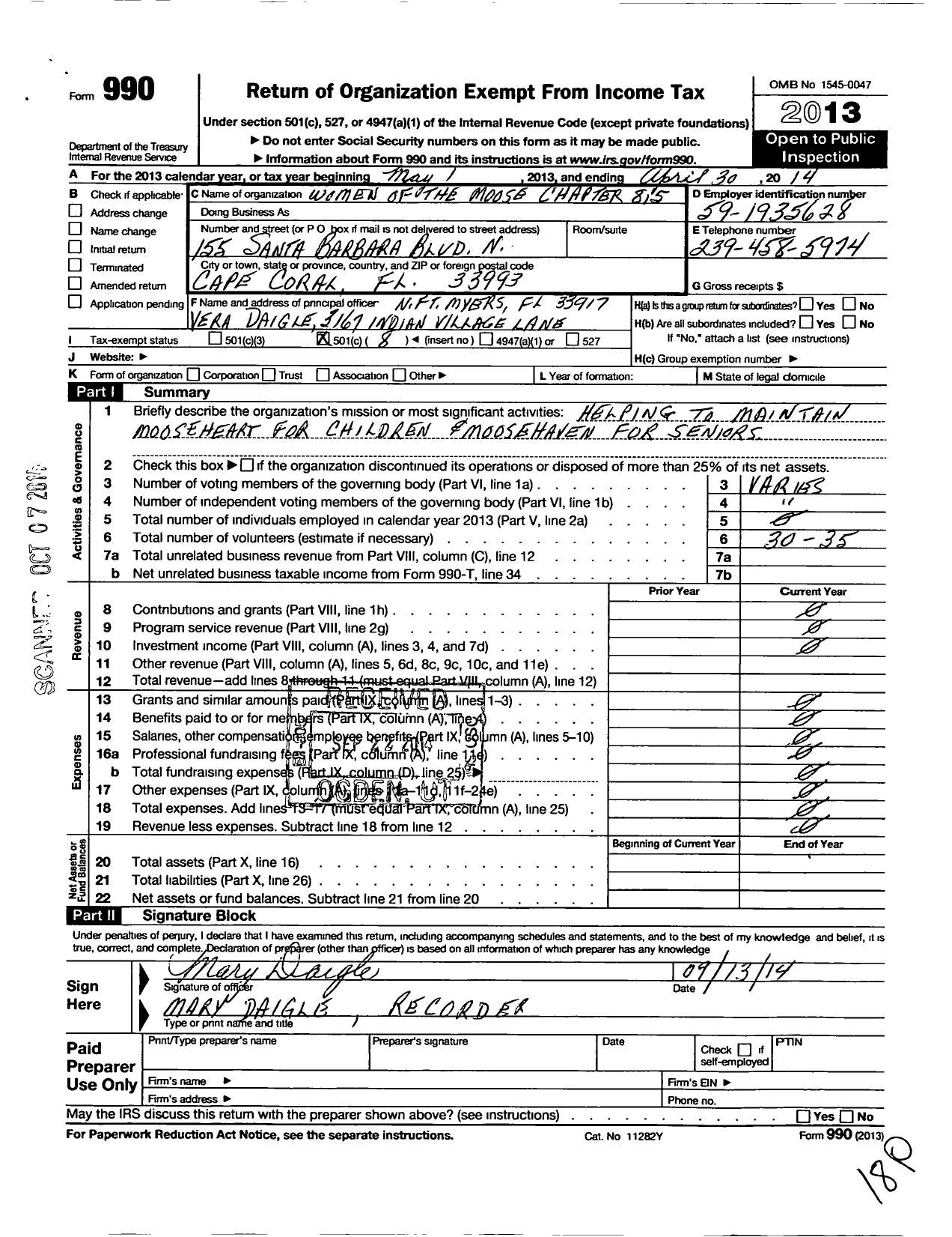 Image of first page of 2013 Form 990O for Cape Coral Chapter 815 Women of the Moose