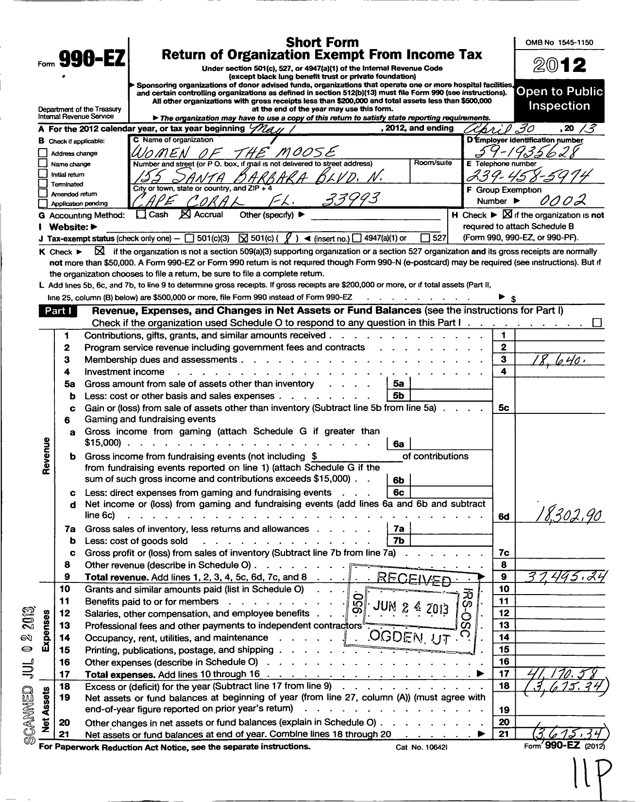 Image of first page of 2012 Form 990EO for Cape Coral Chapter 815 Women of the Moose