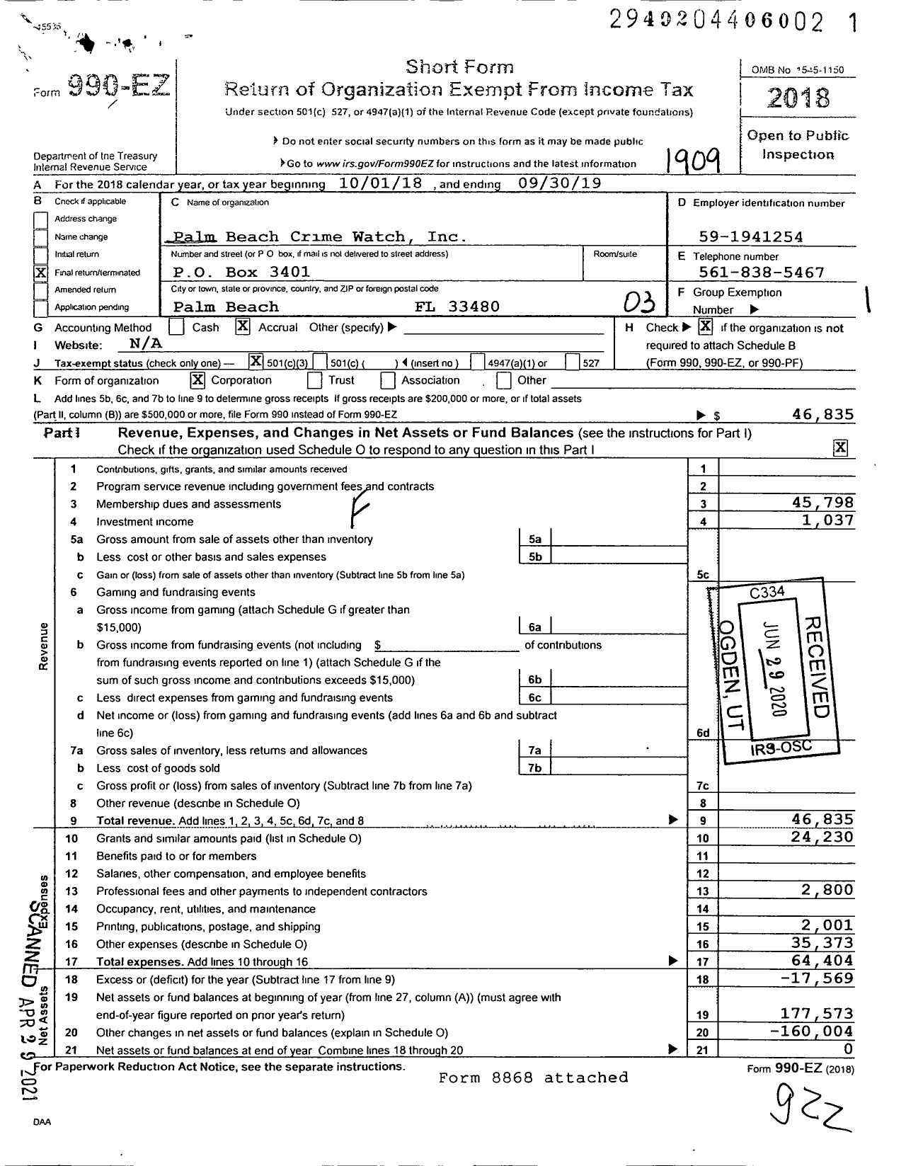 Image of first page of 2018 Form 990EZ for Palm Beach Crime Watch