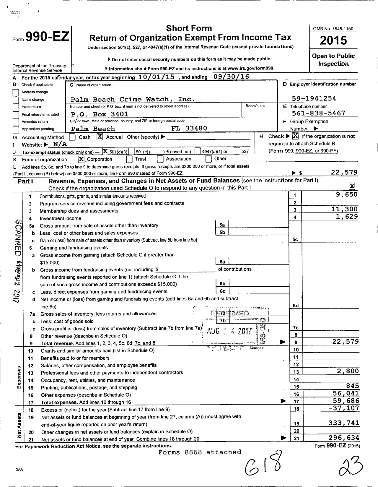 Image of first page of 2015 Form 990EZ for Palm Beach Crime Watch