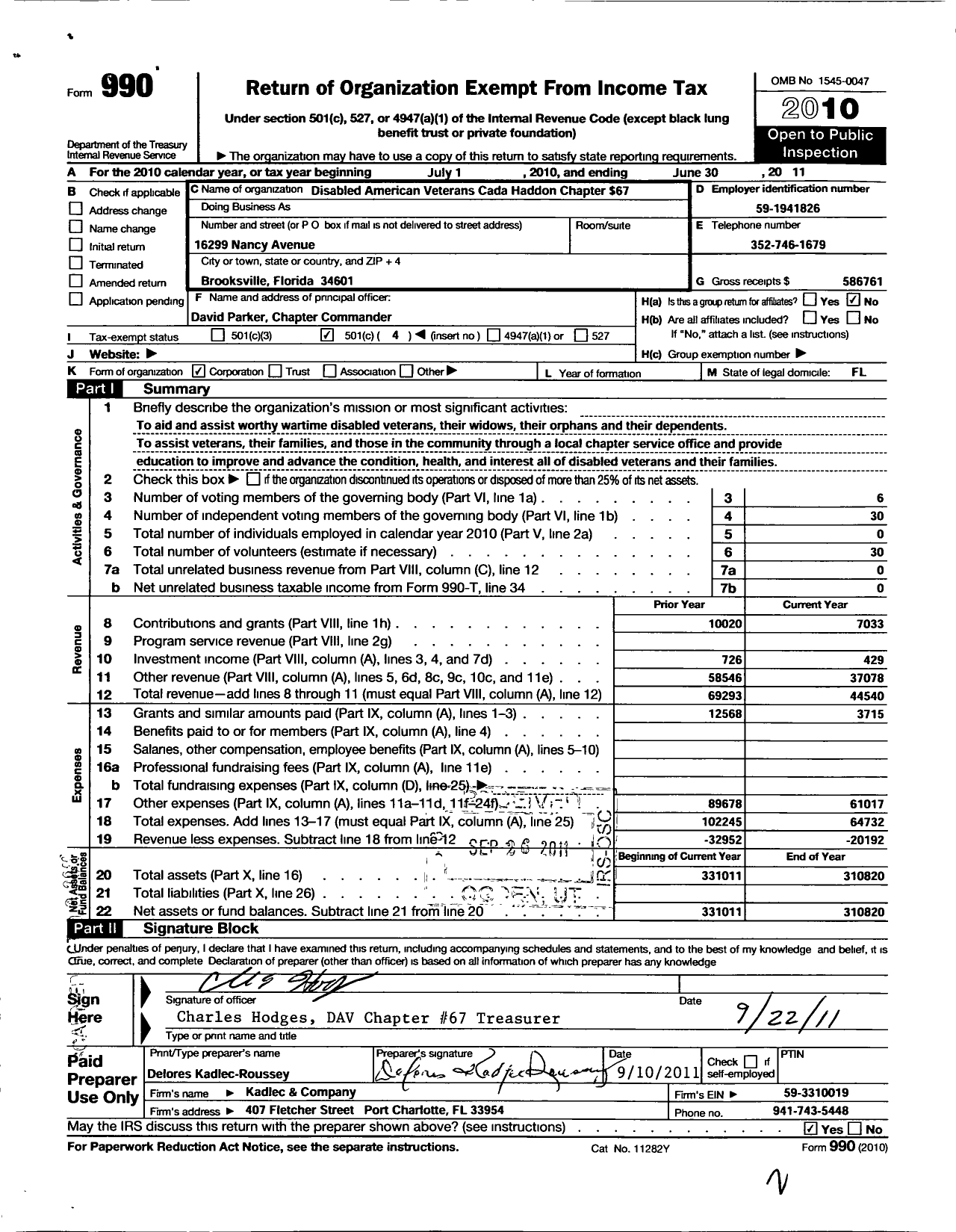 Image of first page of 2010 Form 990O for Disabled American Veterans - 67 Hernando County