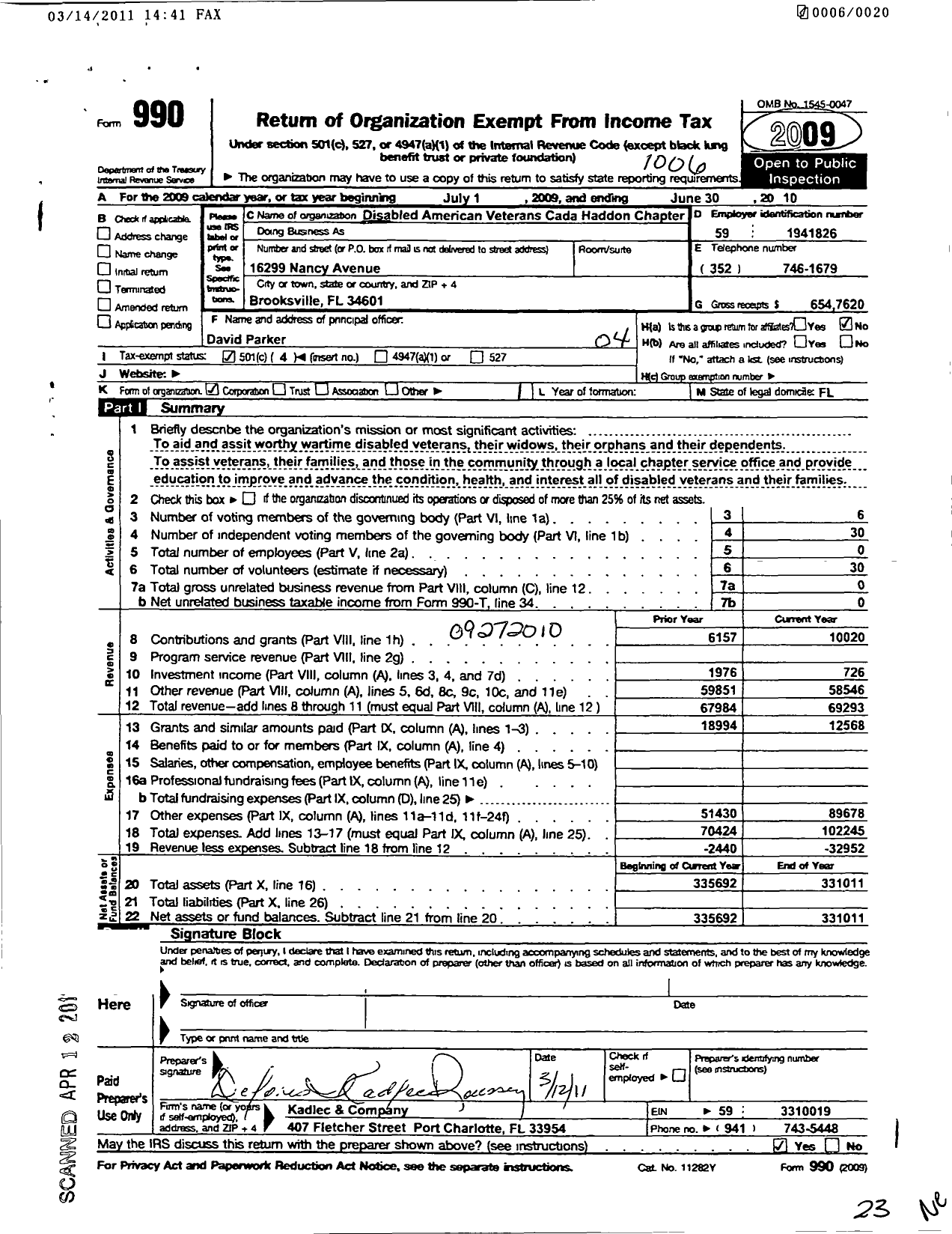 Image of first page of 2009 Form 990O for Disabled American Veterans - 67 Hernando County