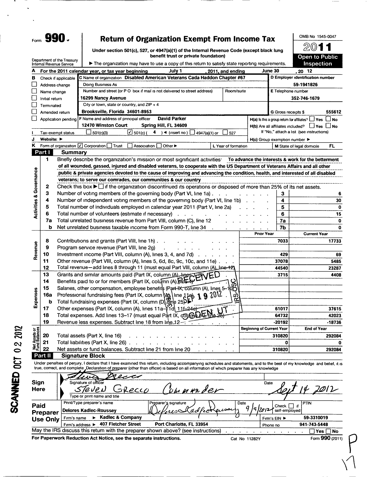 Image of first page of 2011 Form 990O for Disabled American Veterans - 67 Hernando County