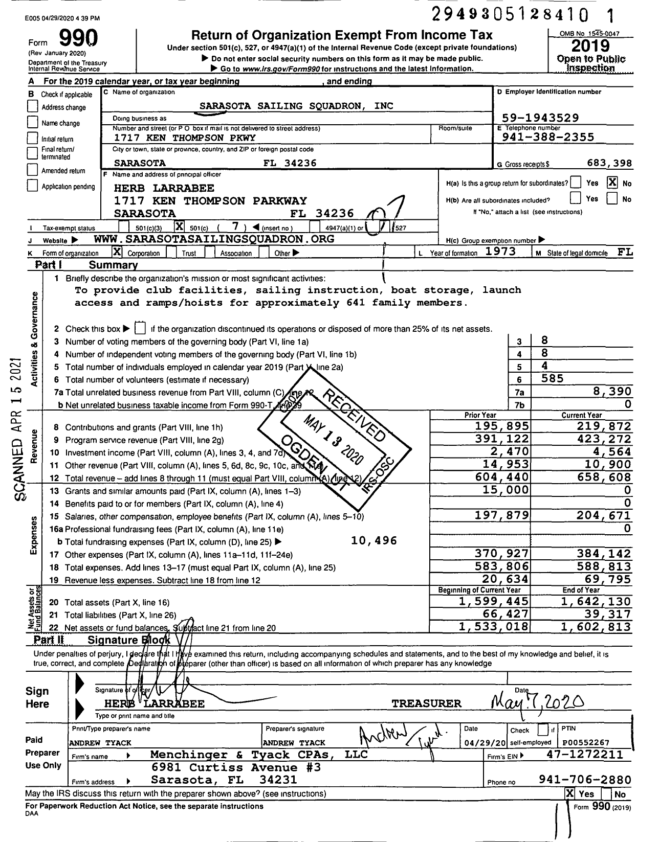 Image of first page of 2019 Form 990O for Sarasota Sailing Squadron