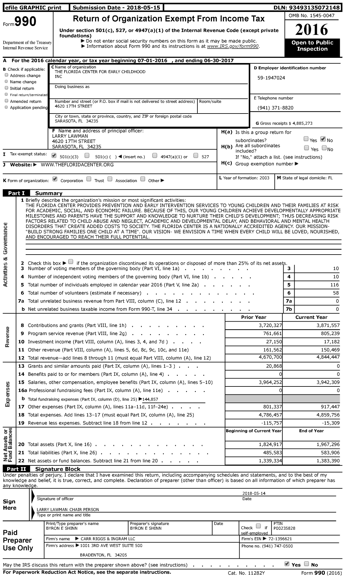 Image of first page of 2016 Form 990 for The Florida Center for Early Childhood