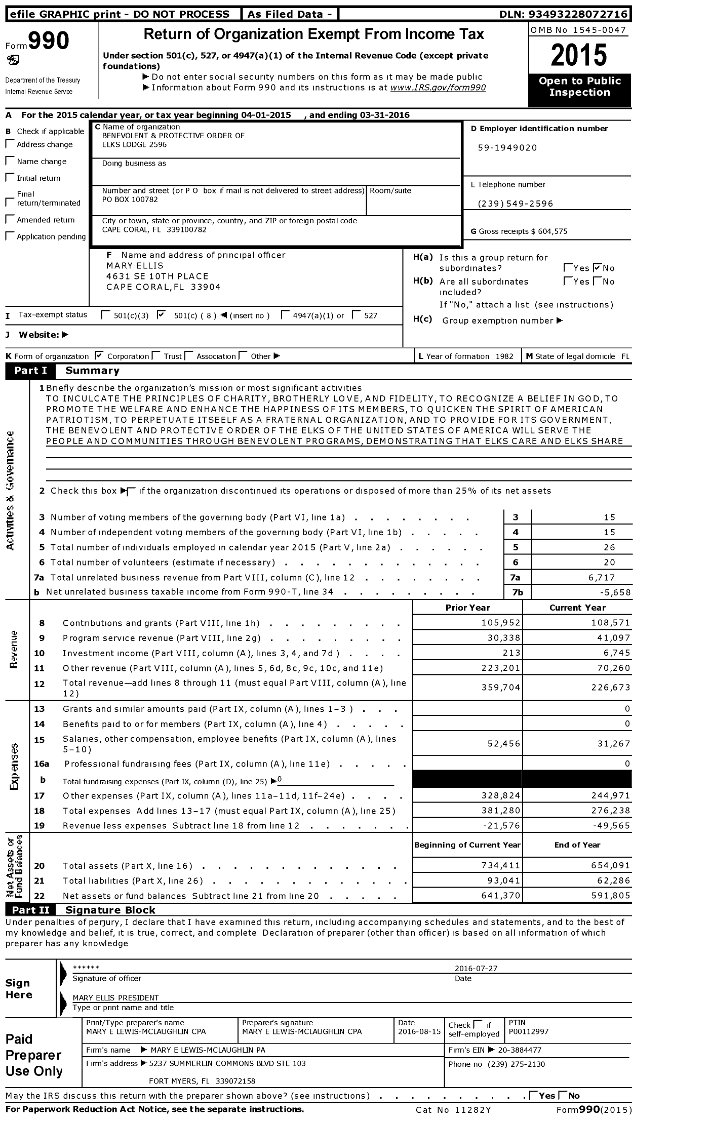 Image of first page of 2015 Form 990O for Benevolent and Protective Order of Elks - 2596 Cape Coral