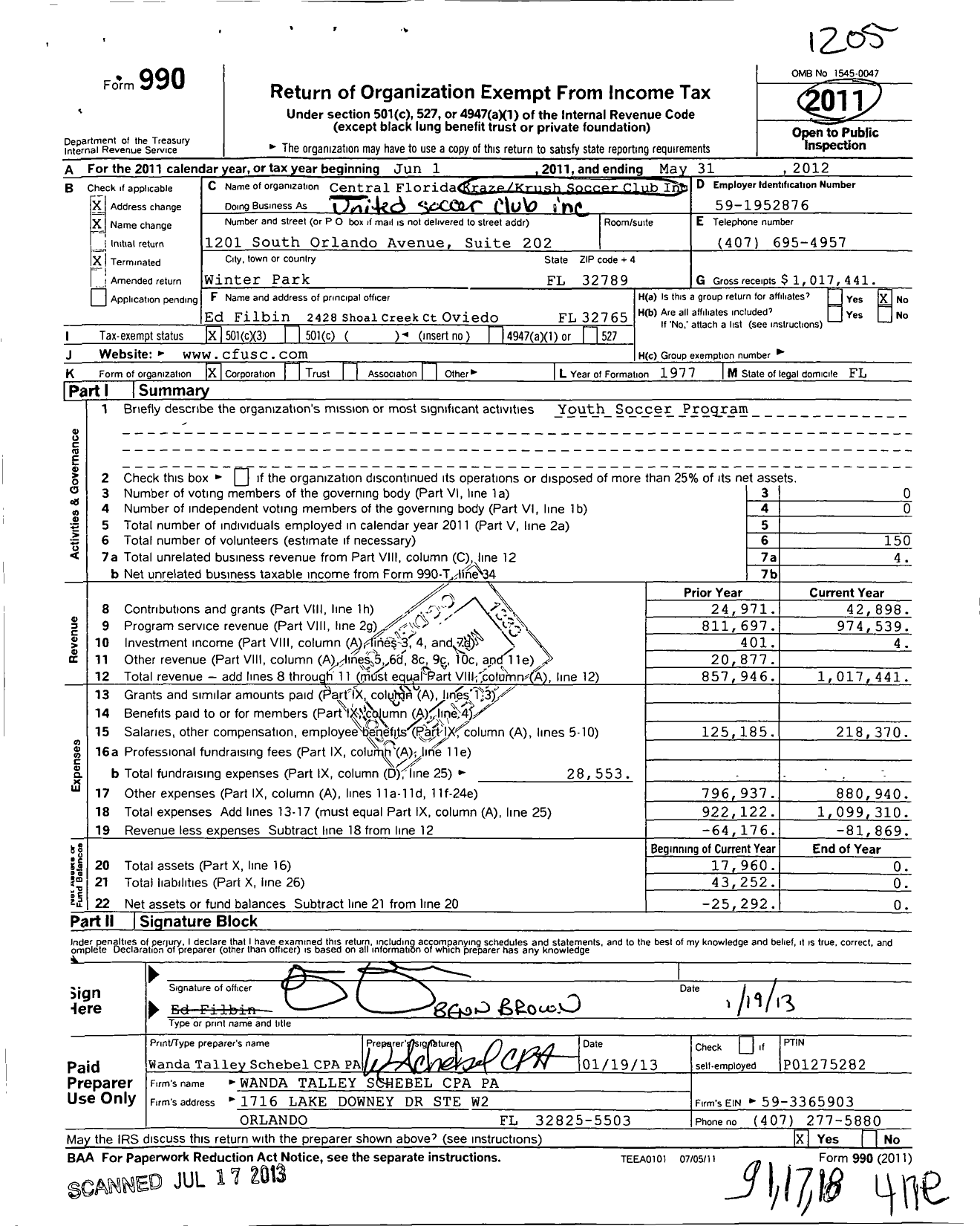 Image of first page of 2011 Form 990 for Central Florida United Soccer Club