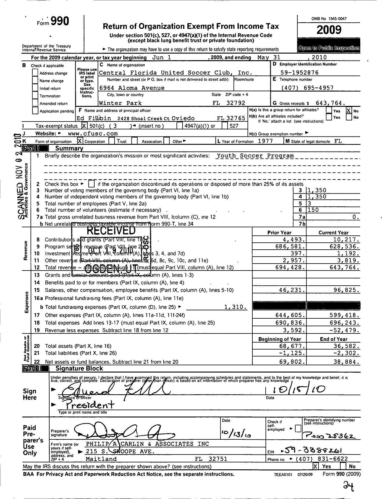 Image of first page of 2009 Form 990 for Central Florida United Soccer Club