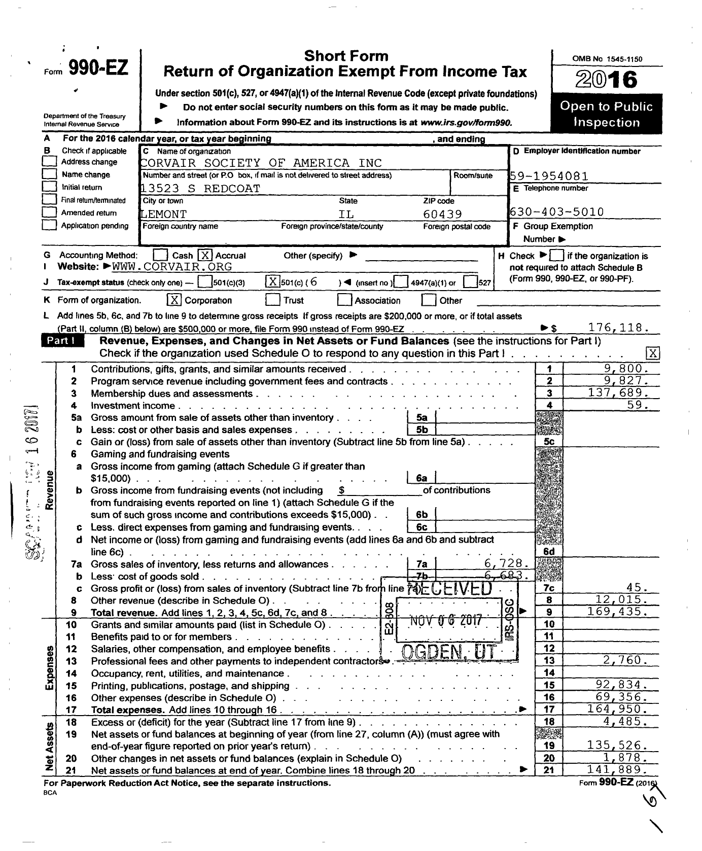 Image of first page of 2016 Form 990EO for Corvair Society of America