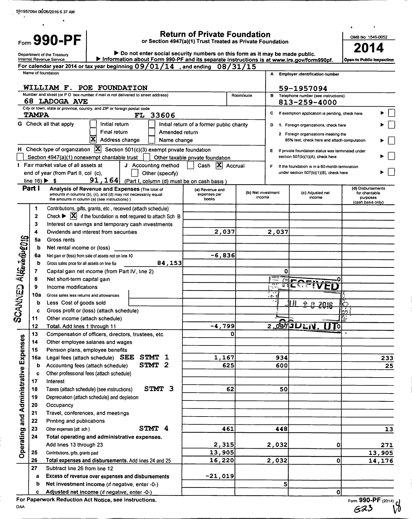 Image of first page of 2014 Form 990PF for William F Poe Foundation