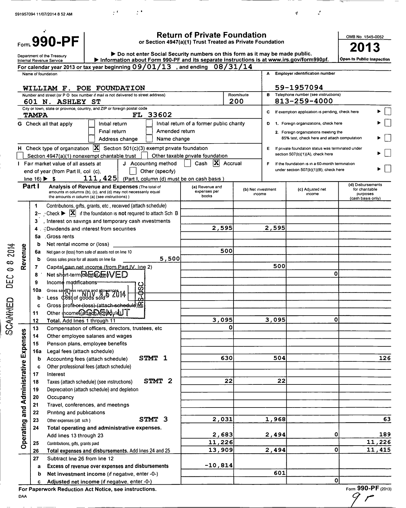 Image of first page of 2013 Form 990PF for William F Poe Foundation