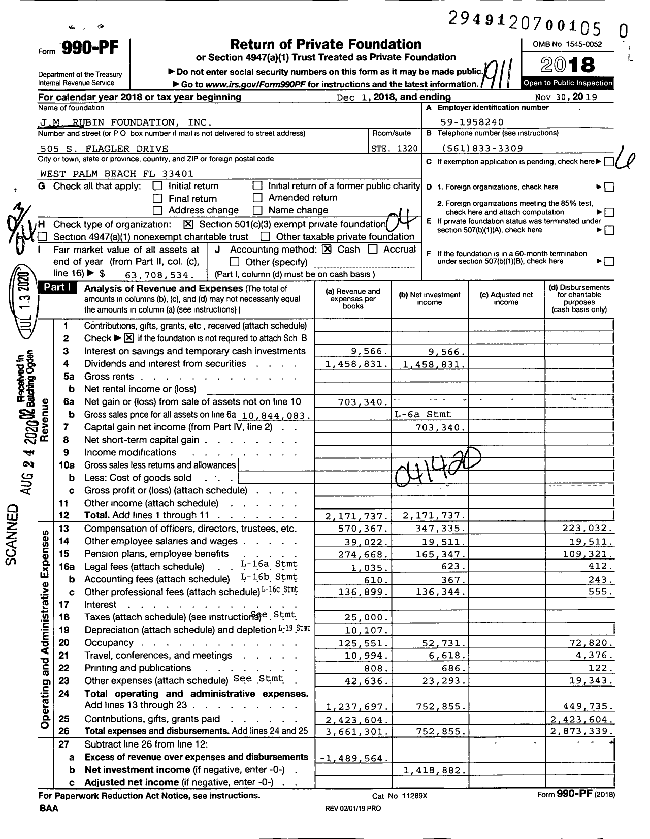 Image of first page of 2018 Form 990PR for J.M. Rubin Foundation (JMRF)