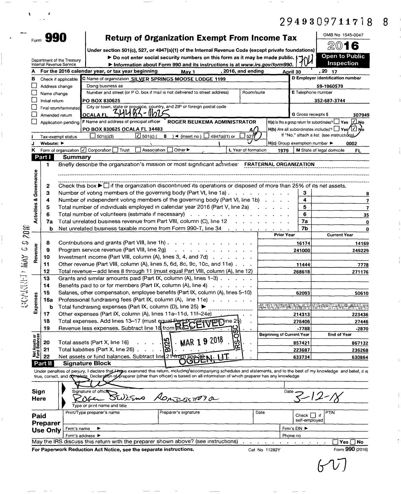 Image of first page of 2016 Form 990O for Loyal Order of Moose - 1199