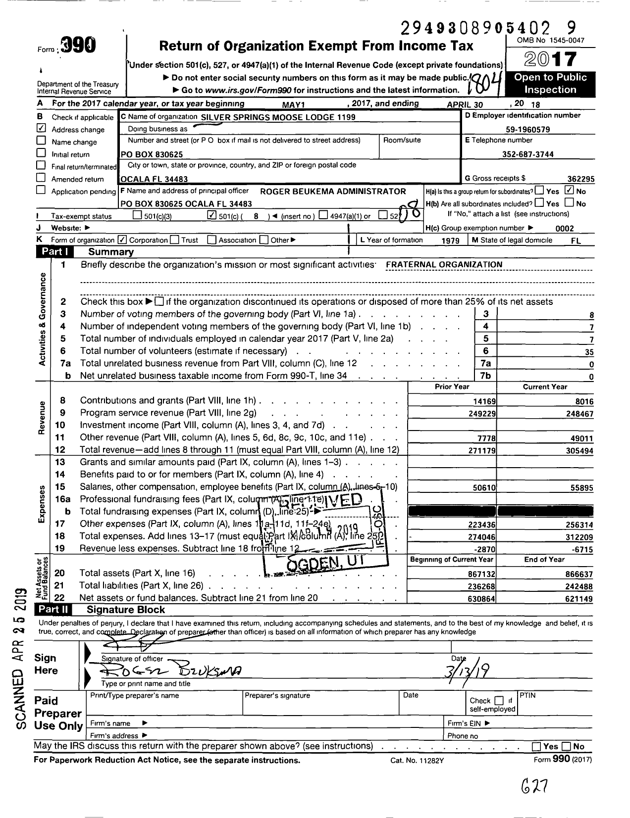 Image of first page of 2017 Form 990O for Loyal Order of Moose - 1199