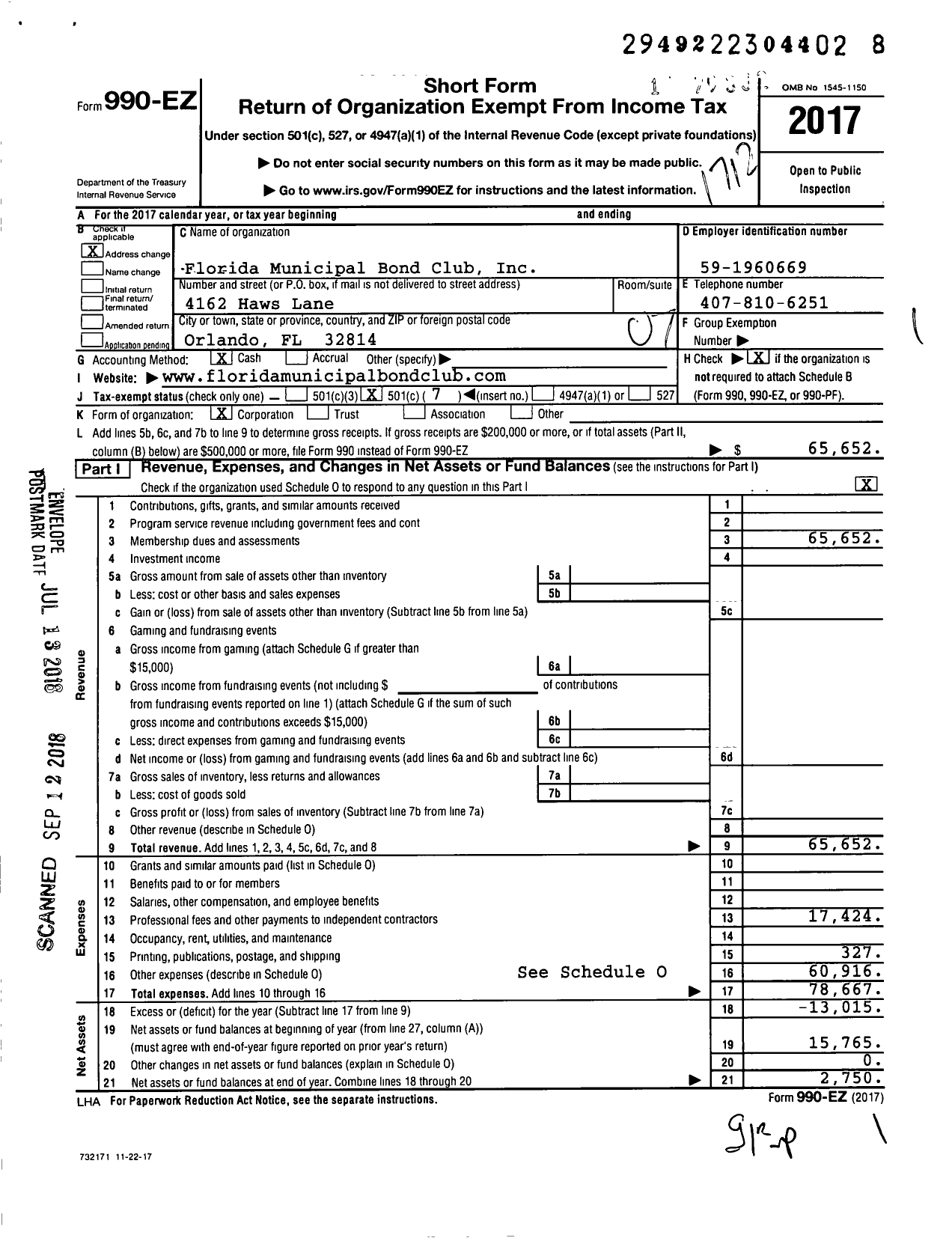 Image of first page of 2017 Form 990EO for Florida Municipal Bond Club