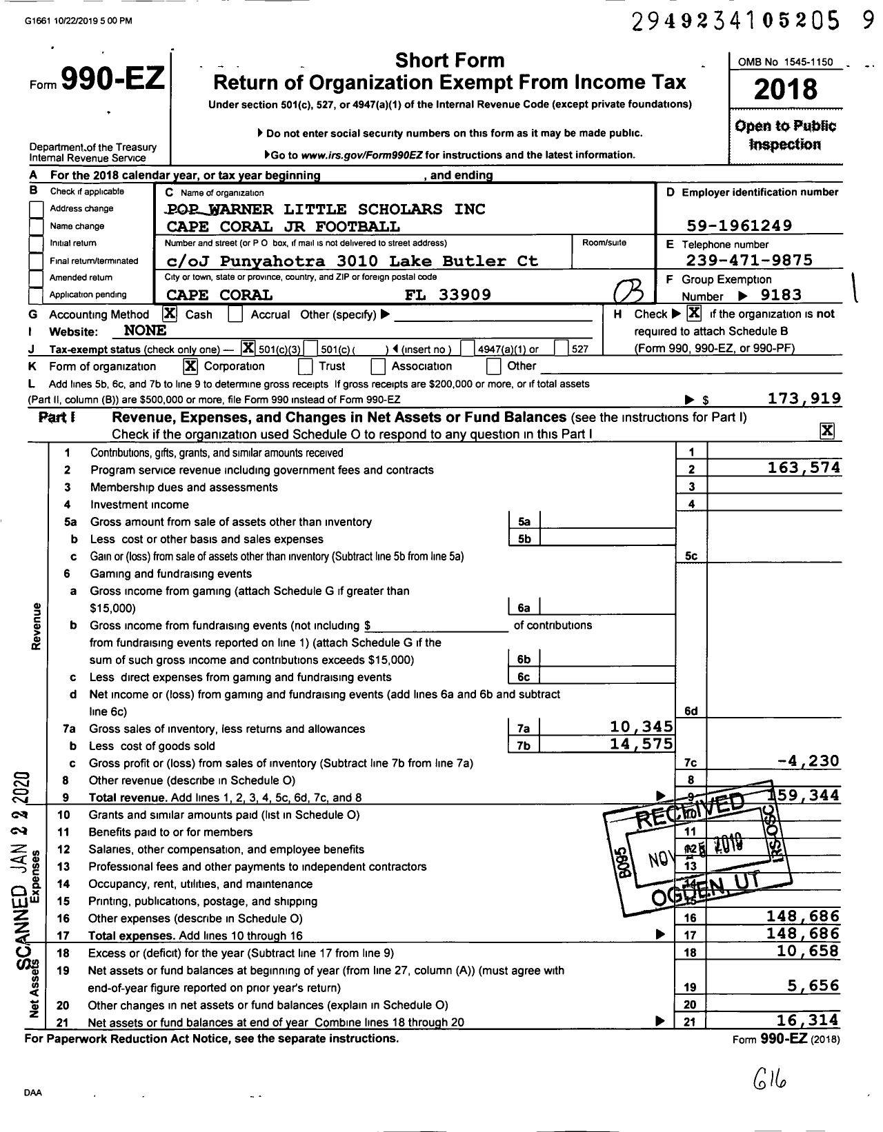 Image of first page of 2018 Form 990EZ for Pop Warner Little Scholars Cape Coral JR Football