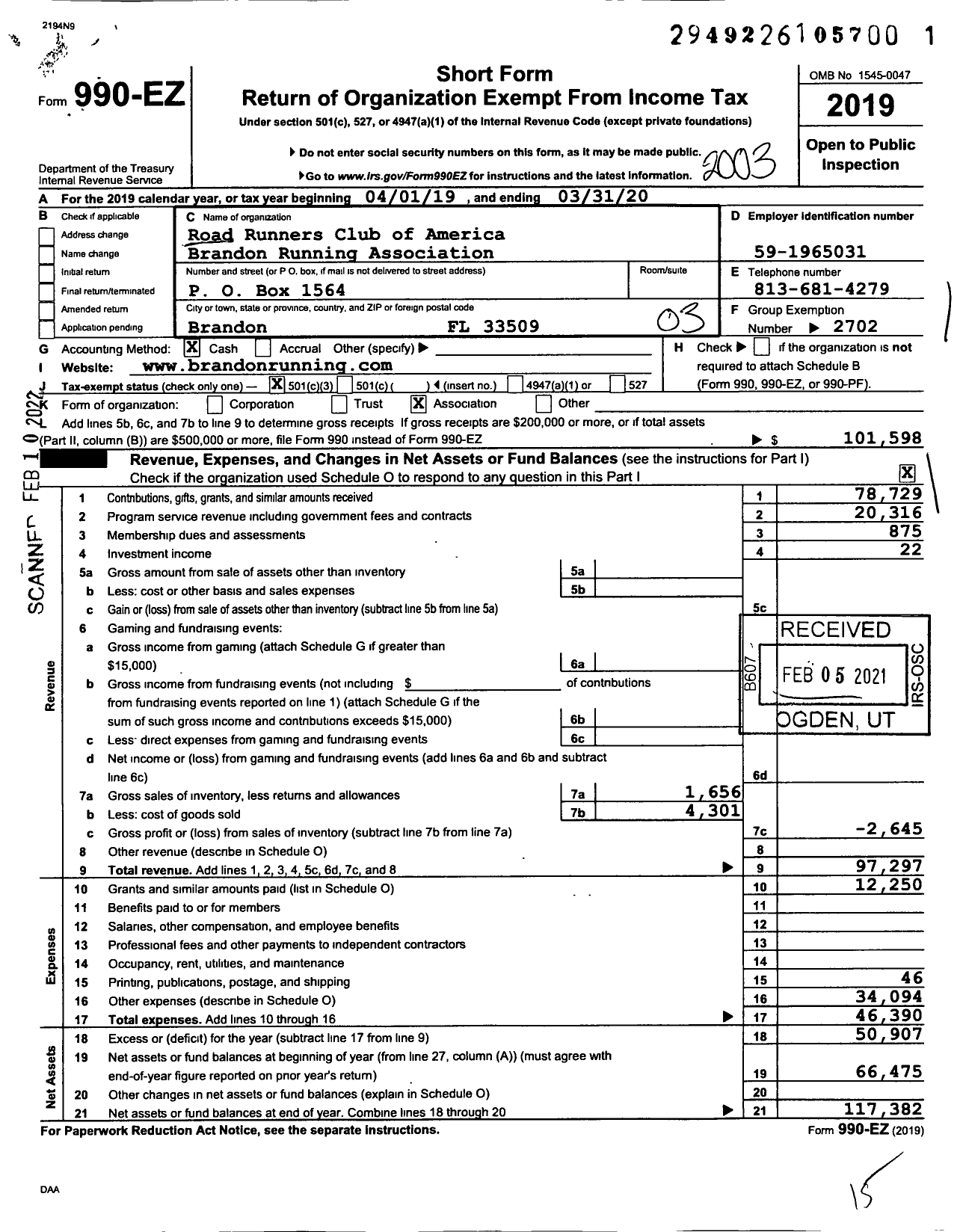 Image of first page of 2019 Form 990EZ for Road Runners Club of America Brandon Running Association