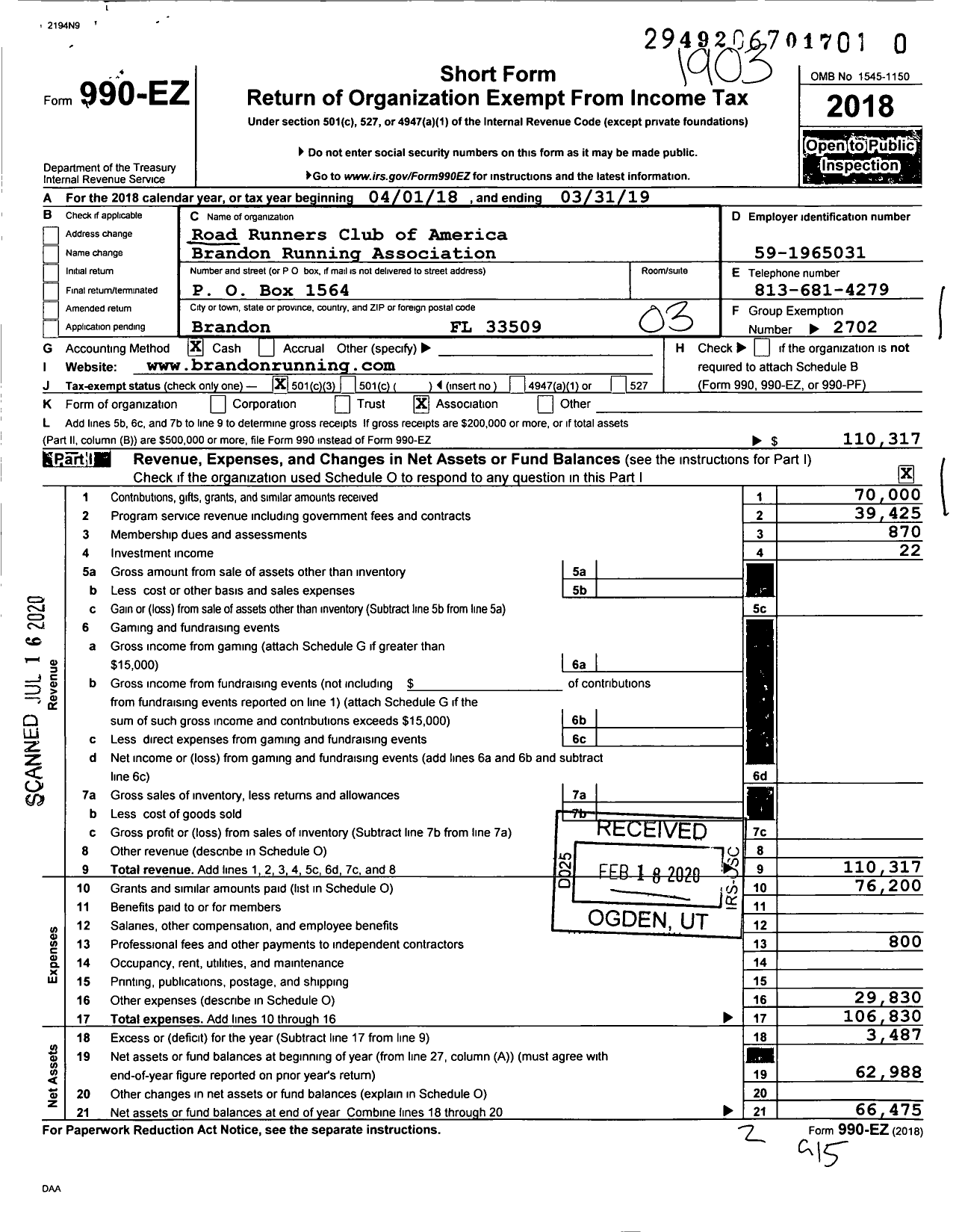 Image of first page of 2018 Form 990EZ for Road Runners Club of America Brandon Running Association