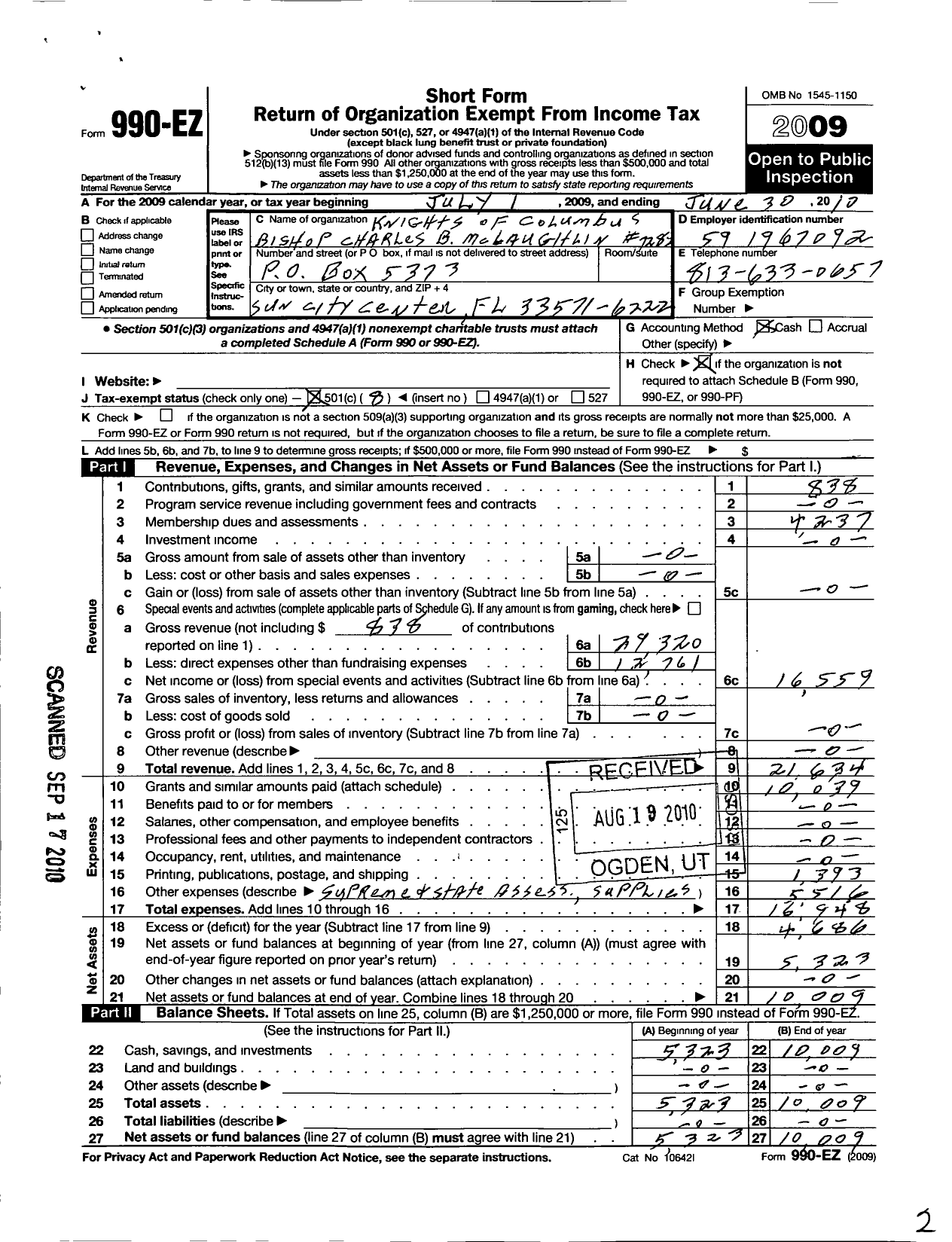 Image of first page of 2009 Form 990EO for Knights of Columbus - 7282 Bishop Charles Mclaughlin Coun