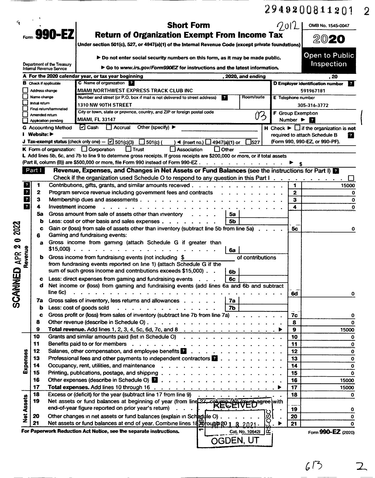 Image of first page of 2020 Form 990EZ for Miami Northwest Express Track Club