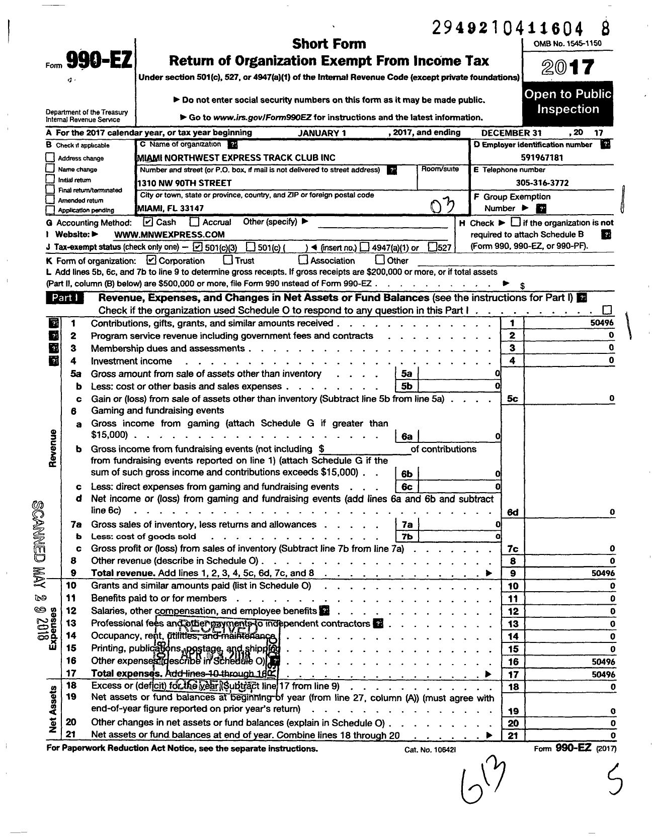 Image of first page of 2017 Form 990EZ for Miami Northwest Express Track Club