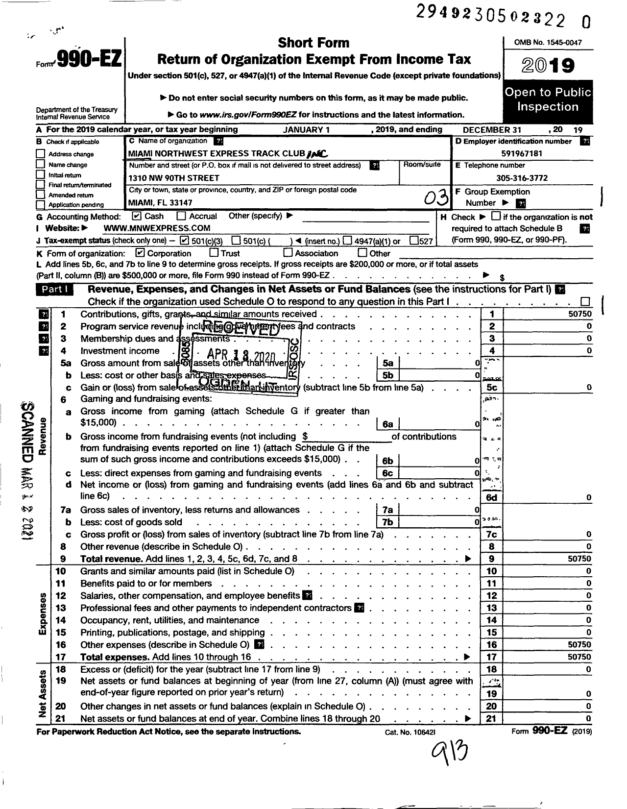 Image of first page of 2019 Form 990EZ for Miami Northwest Express Track Club