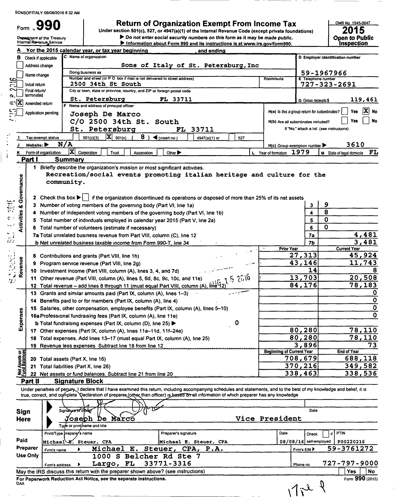 Image of first page of 2015 Form 990O for Social Club of St Petersburg