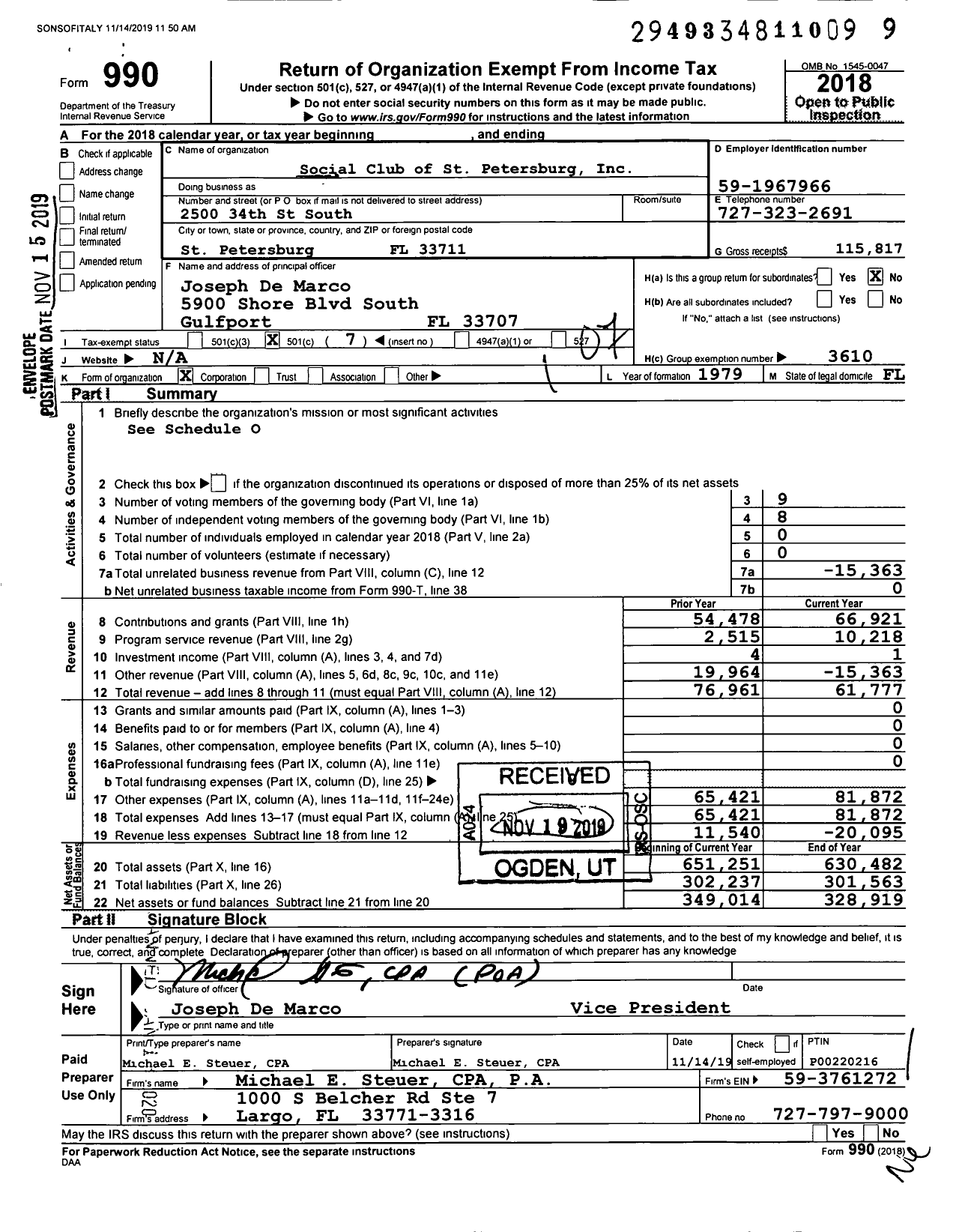 Image of first page of 2018 Form 990O for Social Club of St Petersburg