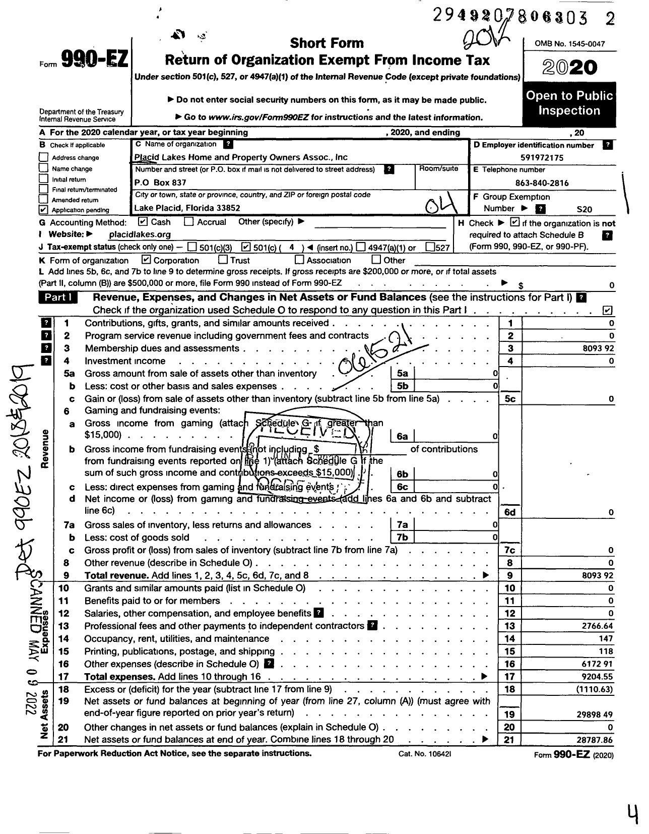 Image of first page of 2020 Form 990EO for Placid Lakes Home and Property Owners Association